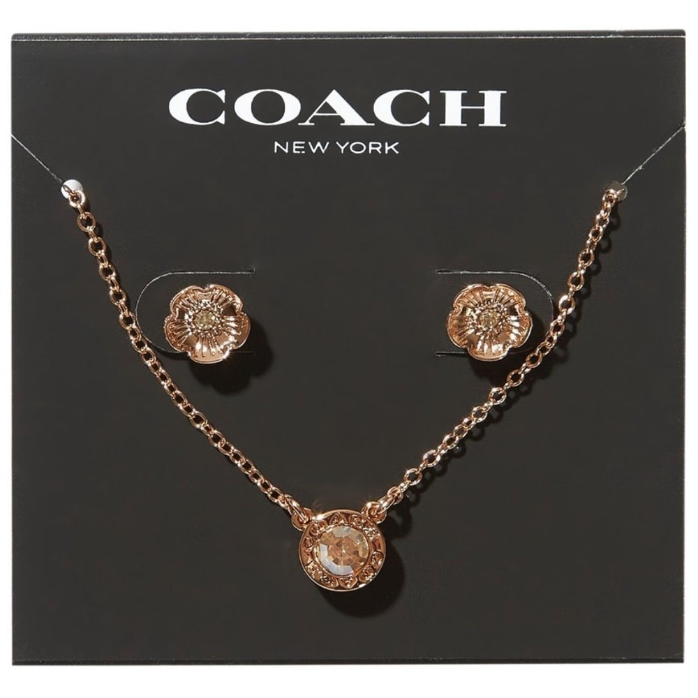 NWOT Coach Signature Stone Tea Rose Earring Studs Necklace 3-Piece Jewelry Set